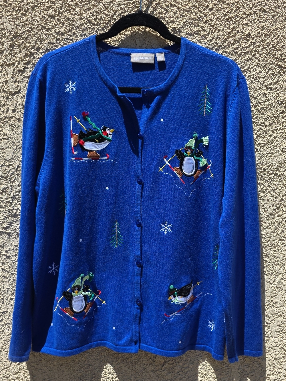 croft &‎ barrow Blue Sweater/Cardigan Winter Skiing Penguins Snowflakes